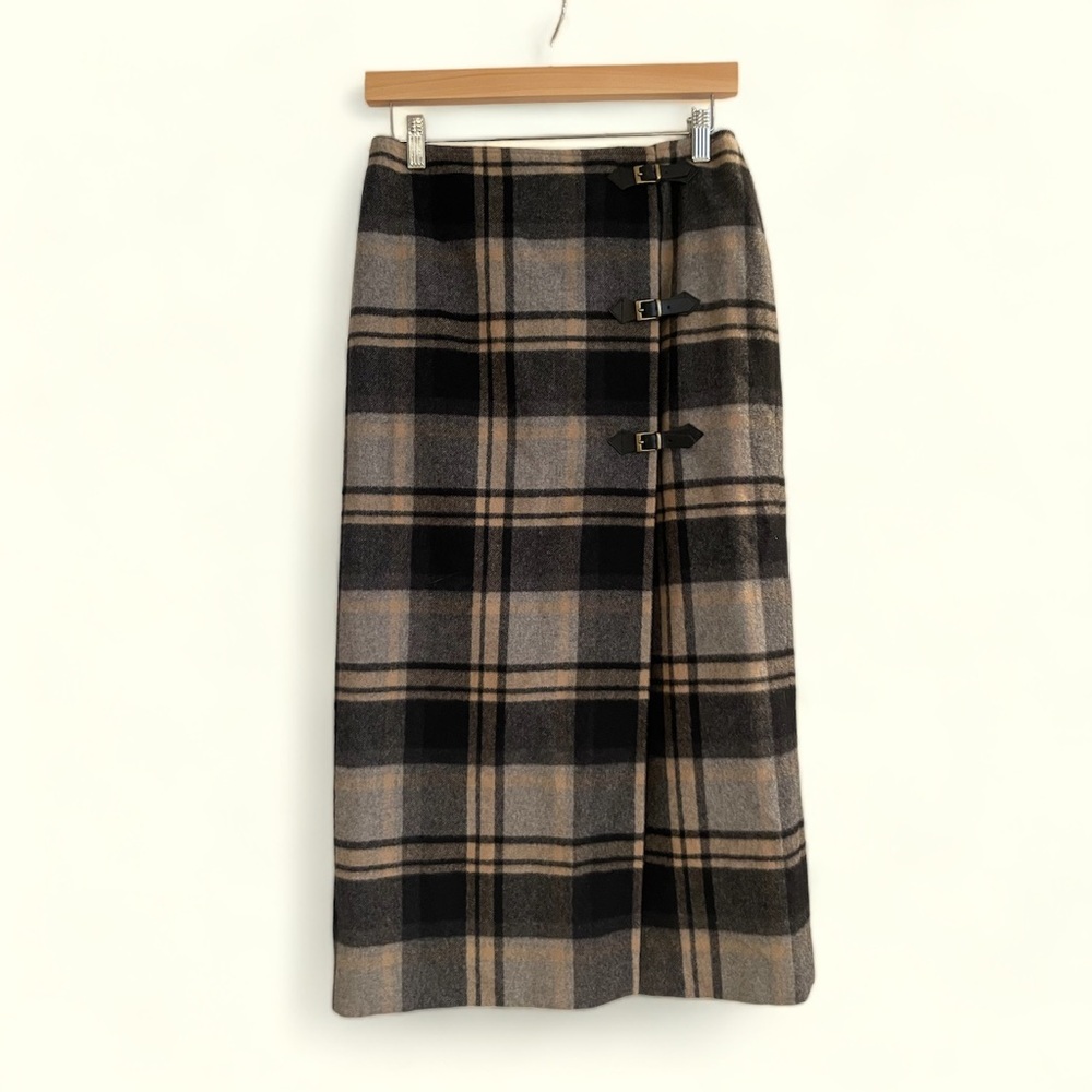 Wool blend plaid wraparound pencil skirt by Jones Ware